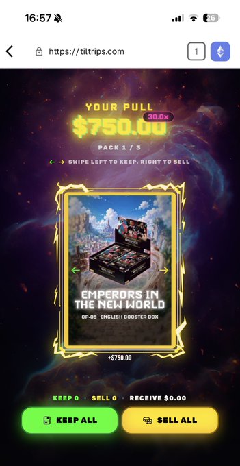 A screenshot from tiltrips.com shows a digital booster pack pull displaying "$750.00" with a "30.0x" multiplier in the "Emperors in the New World" OP-09 English Booster Box. Two buttons at the bottom offer options to "KEEP ALL" or "SELL ALL," reflecting the post's theme of a lucrative 30x return on the platform.