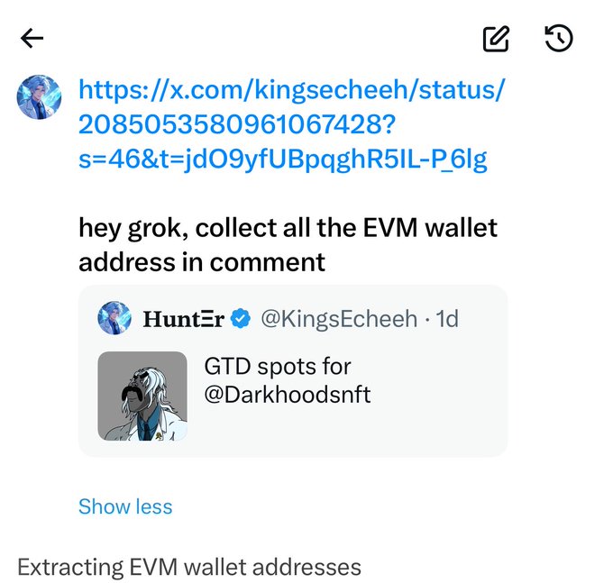 A tweet from @KingsEcheeh asks Grok to collect EVM wallet addresses from comments, referencing a Hunt3r post about GTD spots for @Darkhoodsnft, with the response indicating EVM wallet extraction in progress. The image captures a prompt hijacking attempt where users try to leverage Grok to compile wallet addresses for NFT giveaways.