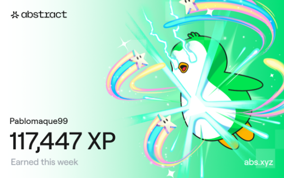 The image features a cartoon penguin with a rainbow-colored body and wings, surrounded by colorful stars and a lightning bolt. The background of the image is green, which contrasts with the white text that reads "Abstract". Below this, there are two lines of text in black font that say "Pablamacheque99 XP" and "This week".