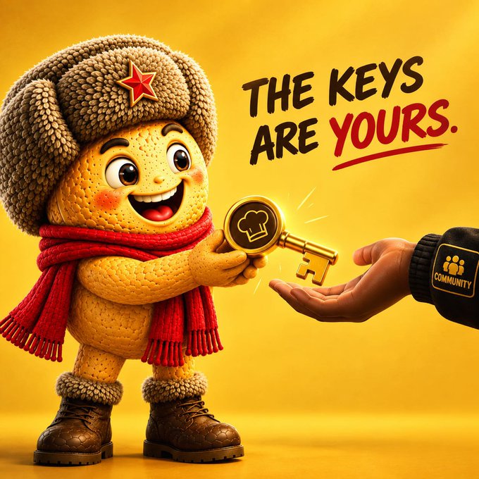 A 3D animated character wearing a fur hat with a red star and a red scarf hands a golden key to another person, with the text 'THE KEYS ARE YOURS.' displayed on a yellow background.