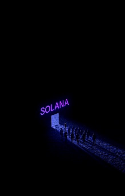 A dark scene shows a line of silhouetted figures walking toward a glowing doorway beneath a neon purple "SOLANA" sign, visually echoing the post's claim of "everything & everyone on Solana" by depicting the network as a singular gateway that all activity passes through.