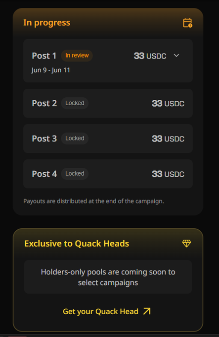 The image shows a screenshot of a mobile device screen displaying information about a campaign, specifically about a Quack Head that has been selected by someone named @wallchain. The campaign appears to be exclusive to Quack Heads, as indicated by the text "Exclusive to Quack Heads". The user's name is also displayed in the image.