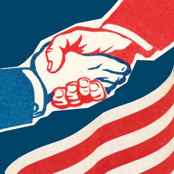 A red, white, and blue propaganda-style illustration showing a handshake overlaid on an American flag pattern.