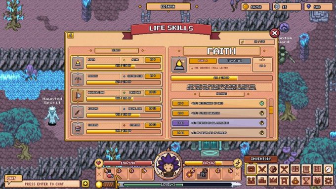 The image shows a "Life Skills" menu from a pixel art RPG, with the "Earth" tab selected, displaying various skills like Cultivation, Mining, Woodcutting, Hunting, and Fishing, with progress bars and a notification indicating "The Ranking Still Exists." This aligns with the post promoting the Breath of Estova NFT, which allows holders to play the game and earn $MON weekly.