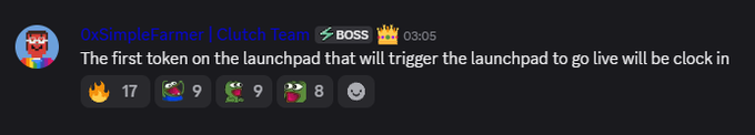 A Discord message from user "OxSimpleFarmer | Clutch Team" states that the first token to trigger their launchpad will be "clock in," accompanied by fire (17), and three custom emojis (9, 9, 8), confirming the $CLOCKIN prediction noted in the post.