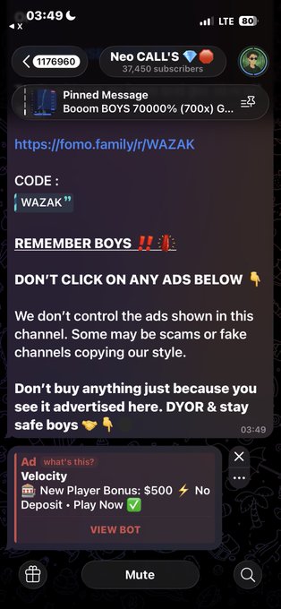 A Telegram chat from 'Neo CALL'S' with 37,450 subscribers, containing a pinned message with a referral link 'https://fomo.family/lr/WAZAK' and a code 'WAZAK', warning users not to click on ads.