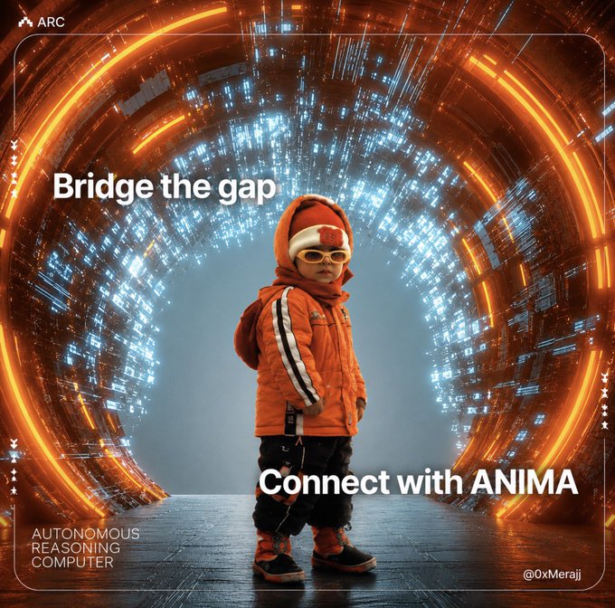 A stylized promotional graphic featuring a child in an orange puffer jacket standing inside a glowing orange sci-fi tunnel, with text reading 'Bridge the gap,' 'Connect with ANIMA,' and 'Autonomous Reasoning Computer.'
