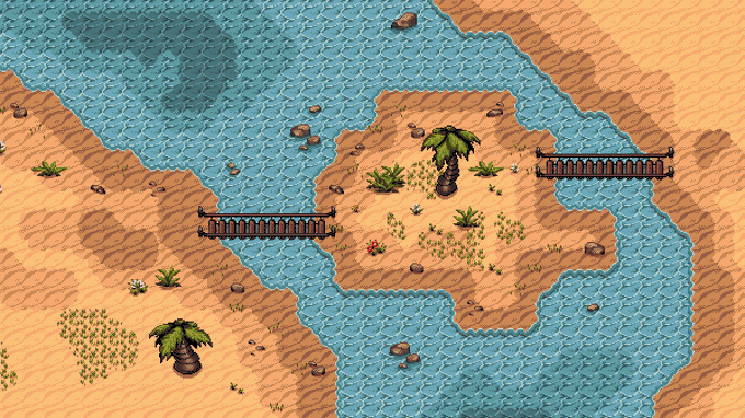 A 2D isometric video game screenshot showing a desert landscape with sandy terrain, palm trees, and a blue river crossed by two wooden bridges.