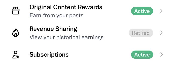 A user interface menu displaying three options: 'Original Content Rewards' marked Active, 'Revenue Sharing' marked Retired, and 'Subscriptions' marked Active.