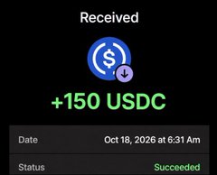 A screenshot of a “Received” transaction shows +150 USDC, dated Oct 18, 2026 at 6:31 AM, with status “Succeeded.” It illustrates the $1 USDC verification payment or reward mentioned in the accompanying Housebet promotion.