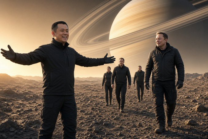 A smiling man in black extends his arms triumphantly on a Saturn-like alien landscape, with three other figures walking behind him and the iconic ringed planet looming in the sky—visually reinforcing the post's message of perseverance and resilience for the $SaturnCoin project (0xf98B40f90C18A291B3D6f6f84aDcF1b3e87D7777) "still building."