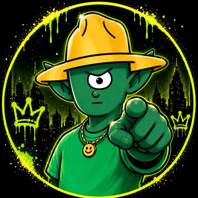 A stylized graphic illustration of a green-skinned, pointy-eared character wearing a yellow hat and a smiley-face medallion, pointing forward inside a neon yellow circle over a dark cityscape background with crown motifs.