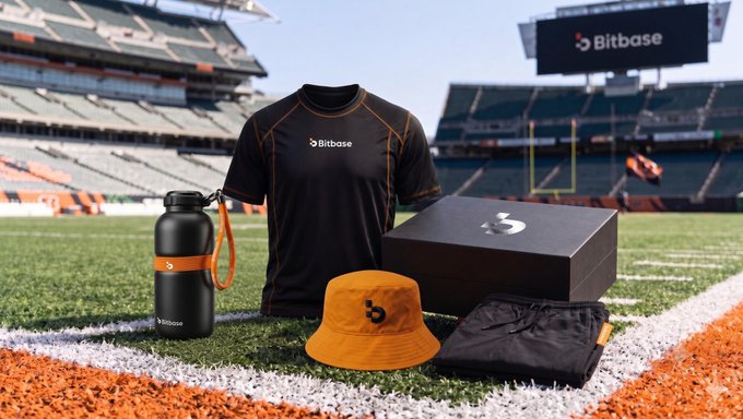 A promotional product image for Bitbase featuring branded merchandise (black/orange t-shirt, water bottle, bucket hat, and shorts) displayed on the field of an American football stadium with a Bitbase billboard.