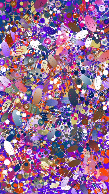 An abstract colorful artwork filled with densely packed shapes, dots, and splatters in vibrant purple, pink, orange, blue, and yellow tones.