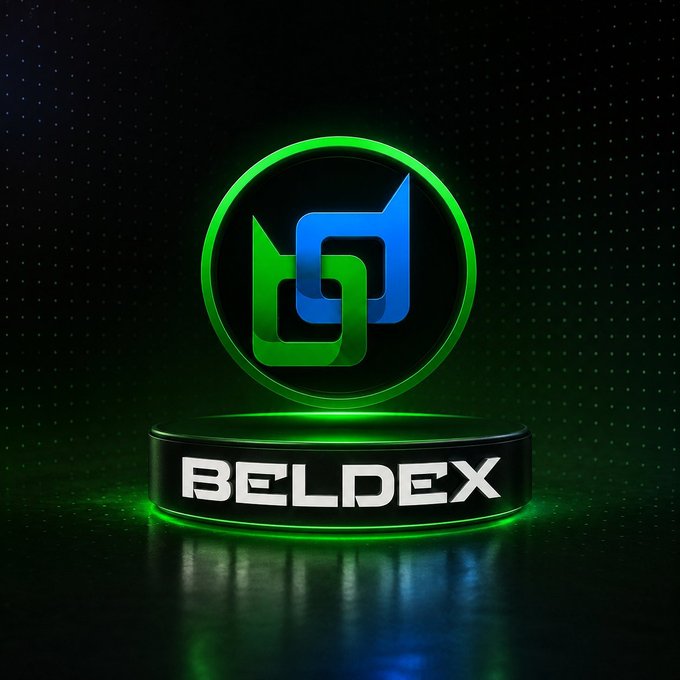 A 3D-rendered logo for 'BELDEX' featuring an interlocking blue and green geometric symbol inside a glowing green circle, displayed on a dark green pedestal with a digital dot matrix background.