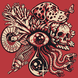 An artistic illustration featuring a cluster of surreal elements including a human skull, a frog, an octopus, a nautilus shell, an eyeball, and other organic forms rendered in red, black, and cream tones.