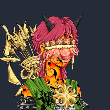 A digital illustration of an anime-style character with pink hair, black horns, a flower crown, and elaborate gold adornments, set against a dark background.