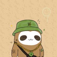 A cute digital illustration of a cartoon character wearing a green military-style bucket hat, a brown jacket, and a large gold chain. It features a small 'RIP' tombstone icon in the upper right corner.