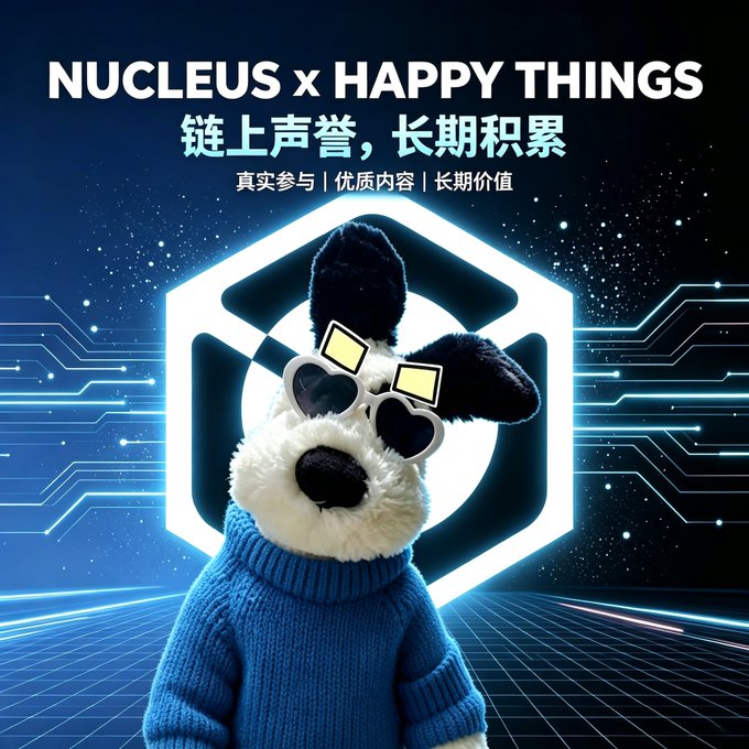 A promotional poster for 'NUCLEUS x HAPPY THINGS' featuring a black and white dog puppet wearing sunglasses and a blue sweater, with Chinese text '链上声音，长期积累' against a tech/circuit board background.