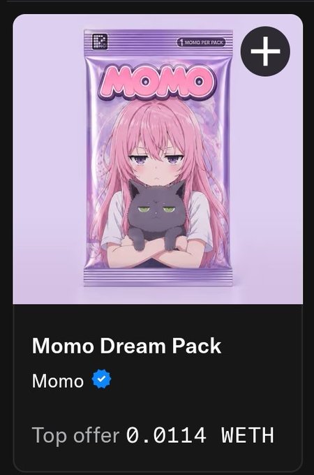 A digital trading card or NFT pack called 'Momo Dream Pack' featuring an anime-style pink-haired character holding a black cat, with a top offer of 0.0114 WETH.