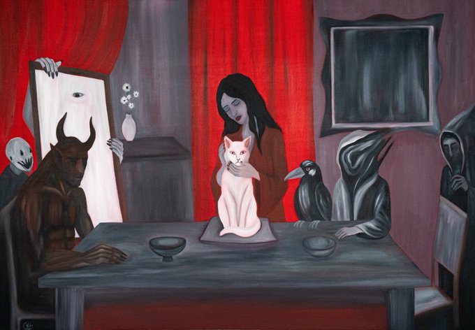 A surreal painting depicting a mysterious gathering around a table, featuring a horned figure, a woman with a white cat, hooded figures, and a plague doctor, set against red curtains.