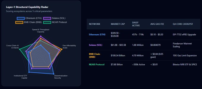 The image displays a "Layer-1 Structural Capability Radar" comparing Ethereum (ETH), Solana (SOL), BNB Chain (BNB), and NEAR Protocol across five parameters: Speed & Throughput Capacity, Fee Affordability Scale, Decentralization Security, Institutional ETF Capital, and Cross-Chain AI & Infra, alongside a data table with metrics like market caps ($309.5B for ETH, $61.8B-$65.5B for SOL, $100.34B for BNB, $7.68B for NEAR), daily active users, gas fees, and Q4 catalysts. The radar chart visually reinforces the post's claim by showing Ethereum extending furthest along the Institutional ETF Capital and Decentralization Security axes, illustrating its dominance in those vectors while lagging in speed/throughput compared to competitors like Solana.