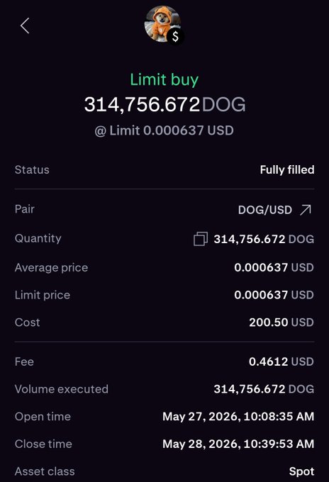 The image shows a cell phone screen displaying a transaction history for a dog trading platform named Limit Buy. There are two dogs involved - one was bought at $3.74, and now there is a balance of 0.71. The user has requested that all fees be paid in cash, as indicated by the amount of $31.57 shown below. This is a successful trade executed on May 27, 2016, 10:55 am.
