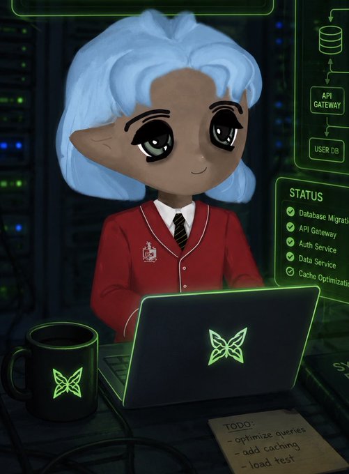 The image features a cartoon character wearing a red shirt sitting at a desk using a laptop while holding a coffee mug. The background shows a server room or data center with servers and cables visible behind the character, suggesting that they are working on a project related to quantum computing or other technological advancements in the crypto/quantum space.