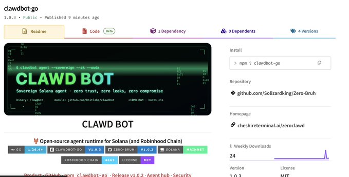 The clawdbot-go v1.0.3 npm package page, a sovereign Solana agent described as 'zero trust, zero leaks, zero compromise', with tags for GO, CLAWDBOT GO, ROBINHOOD CHAIN, SOLANA, and DOWNLOADS.