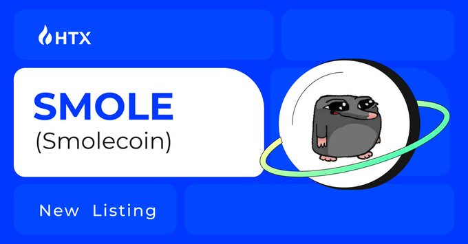 The image is an announcement graphic from HTX exchange promoting a new listing for "SMOLE (Smolecoin)," featuring a cartoon mole character inside a planetary ring, directly addressing the user's request to relist the $SMOLE token.