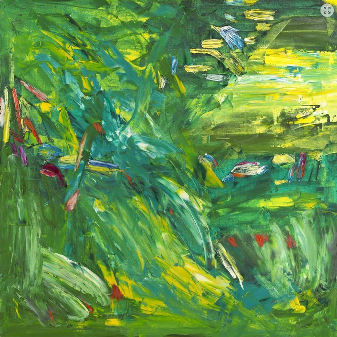 An abstract expressionist oil painting featuring thick, vibrant brushstrokes in various shades of green, yellow, and touches of red and white, suggesting a lush landscape.