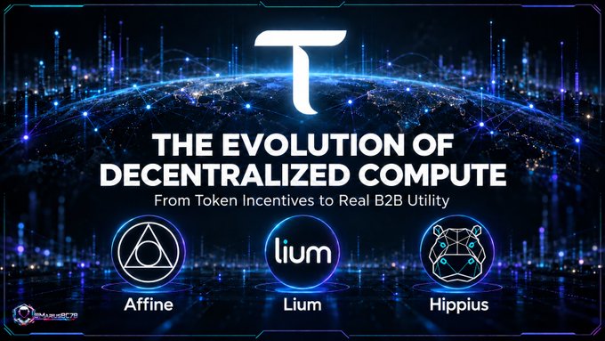 A promotional graphic titled 'THE EVOLUTION OF DECENTRALIZED COMPUTE - From Token Incentives to Real B2B Utility' featuring logos for Affine, Lium, and Hippius, with a large 'T' and 'MEMEWEB' logo.