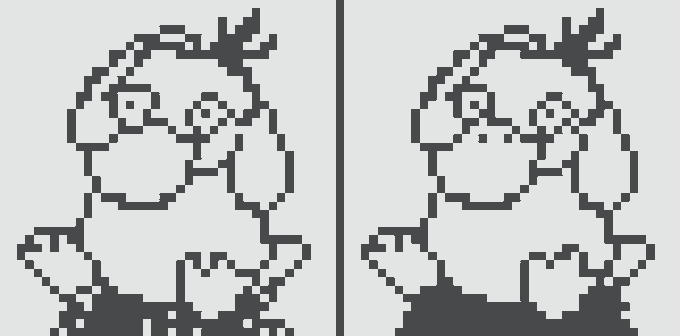 A side-by-side pixel art image showing two nearly identical depictions of a wide-eyed creature or character in dark gray pixels.