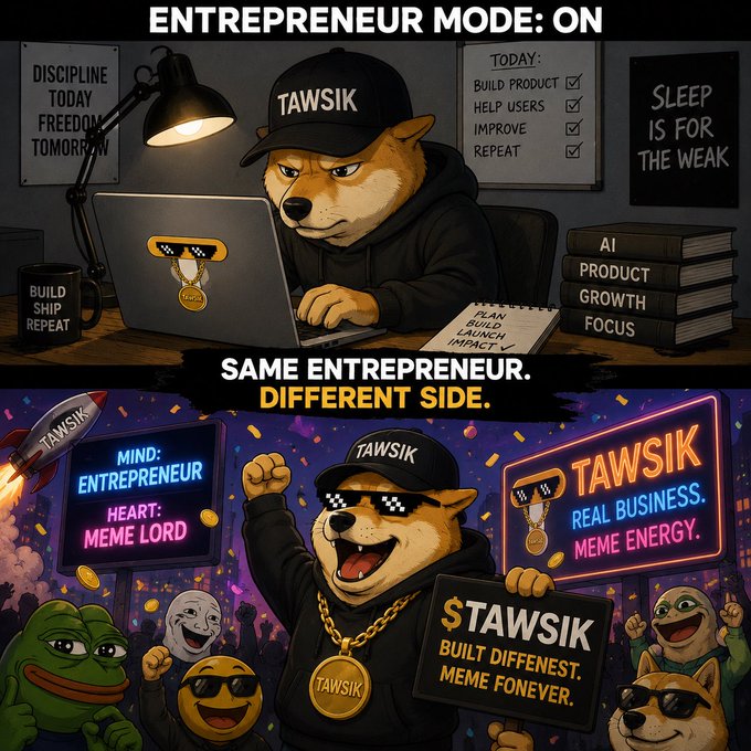 The image is a two-panel meme featuring the Shiba Inu "TAWSIK" character: the top shows him intensely working on a laptop surrounded by motivational posters like "DISCIPLINE TODAY, FREEDOM TOMORROW" and a checklist of entrepreneurial tasks ("BUILD PRODUCT," "HELP USERS," "IMPROVE," "REPEAT"), while the bottom panel flips to a vibrant meme celebration with neon signs, confetti, and fellow meme characters under the caption "SAME ENTREPRENEUR. DIFFERENT SIDE." 

This visually captures the post's theme of $TAWSIK embodying two personas—serious AI startup builder by day and carefree meme lord by night—promoting the token as the playful counterpart to building a real business in public.