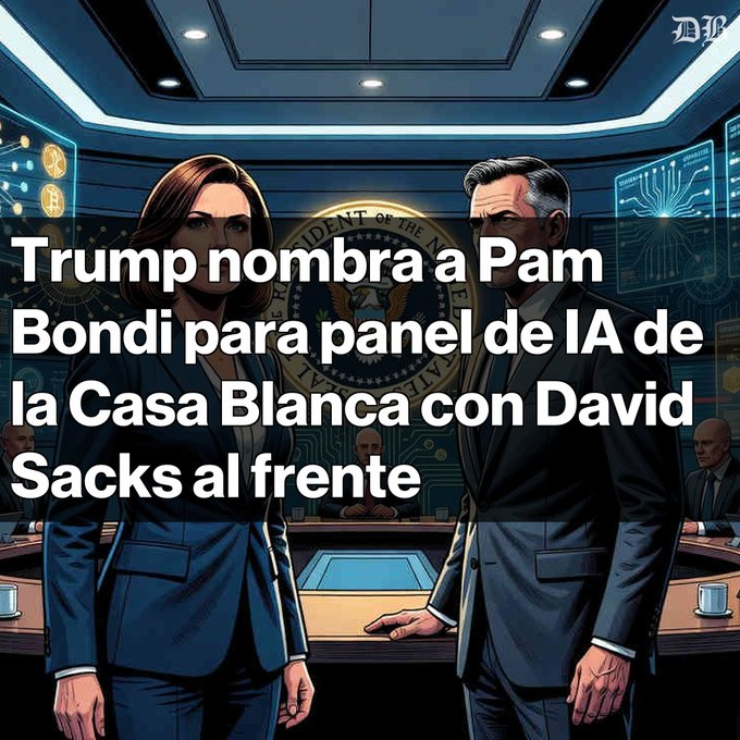 The image features two people dressed in suits standing at a desk with a computer monitor behind them. The person on the left side of the image has their arms crossed, while the other person on the right side stands facing forward. They are positioned in front of a computer screen that displays text related to Trump and Bondi. The background includes a blue wall adorned with a white logo, which is likely associated with the Trump campaign or Bondi's political career.
