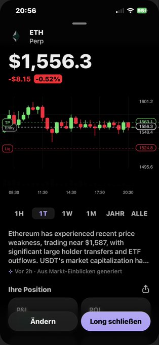The image shows an iPhone screen displaying information about cryptocurrency trading, specifically focusing on Ether (ETH) and its performance as represented by the charting tool. The data appears to show fluctuations in the price of Ether over time, with some peaks and valleys visible. At least two different cryptocurrency pairs are also being tracked on this graph: Bitcoin and Litecoin. This information is valuable for those who are interested in or planning to invest in digital currency markets.
