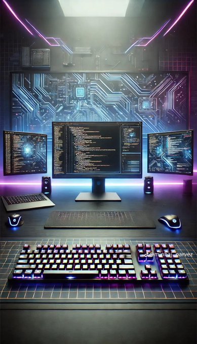 A futuristic gaming or coding setup featuring multiple monitors, a backlit keyboard and mouse, and neon pink and blue lighting in a cyberpunk-themed room.