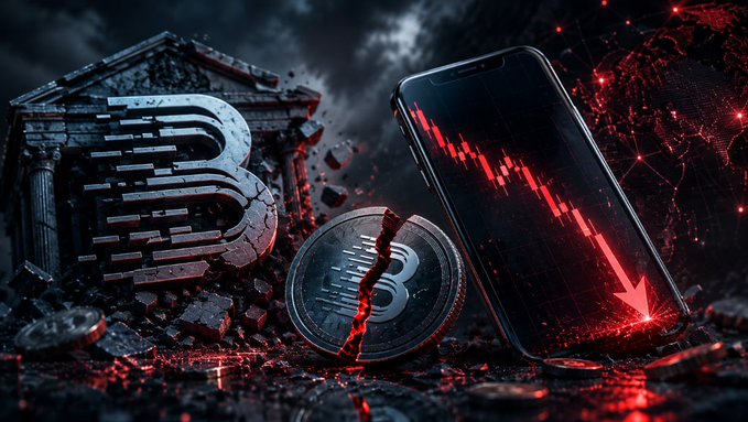 Dramatic dark illustration depicting a cracked Bitcoin coin, a crumbling building with a Bitcoin logo, and a smartphone displaying a sharply declining red candlestick chart against a network backdrop.