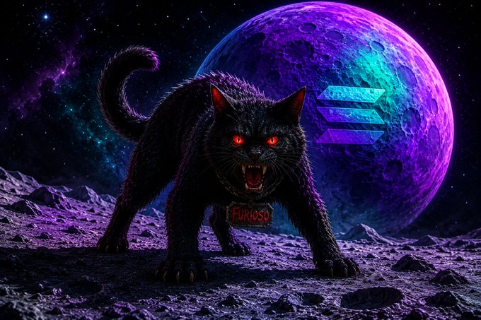 The image features a black cat with red eyes standing on a rocky surface, possibly an alien planet or moon. The cat has a sign around its neck that says "FURioso", which translates to "fearless" in English. In the background, there is a purple and blue planet, likely representing the Solana moon. The caption of the image reads: "#Solana #CryptoTwitter #Web3 #Bullish #Furioso".