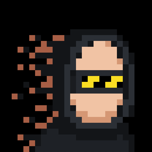 A pixel art depiction of a masked figure with yellow eyes, featuring a fragmented or dissolving effect on the left side of the black-clothed character.