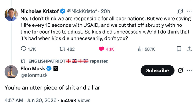 A screenshot of a Twitter/X exchange shows journalist Nicholas Kristof (@NickKristof) arguing that USAID was saving lives every 10 seconds before being abruptly cut off, causing unnecessary child deaths, to which Elon Musk (@elonmusk) responds, "You're an utter piece of shit and a liar." The post's caption contextualizes Musk's hostile reply as a reaction to criticism that DOGE's USAID cuts killed thousands of vulnerable people.