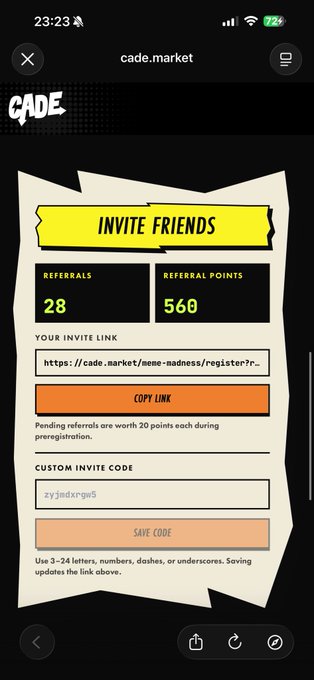 A screenshot of the cade.market "Invite Friends" page showing 28 referrals and 560 referral points, with an invite link and a custom invite code "zyjmdxrgw5". This appears to be evidence supporting the "@kosgoood" mention, likely showcasing the user's referral activity on the CADE platform.