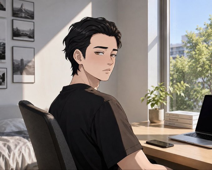 An anime-style illustration of a dark-haired young man in a black t-shirt sitting at a desk with a laptop, looking back over his shoulder toward the viewer, with framed pictures on the wall and a plant by the window.