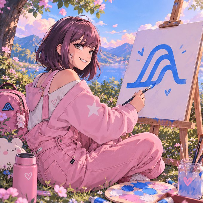 An anime-style illustration of a girl in pink clothing at an easel painting a blue 'A' logo, with a scenic lake and mountains in the background.