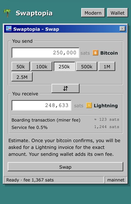 A screenshot of the Swaptopia Swap interface shows a conversion of 250,000 sats Bitcoin to 248,633 sats Lightning, including a 123 sat mining fee and 1,244 sat service fee.