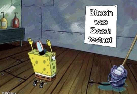 SpongeBob excitedly dances in his kitchen beneath a wall-mounted note reading "Bitcoin was Zcash testnet," a cheeky nod to the post's $ZEC redemption arc, implying Zcash was the proving ground for Bitcoin's technology.