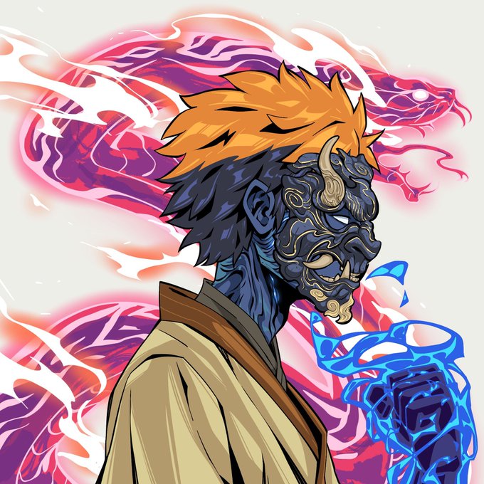 The image shows an anime-style illustration of a character with orange hair and a blue demonic demon mask, wielding a glowing blue energy fist against a red flame backdrop—evoking a powerful "Solana cooking" vibe that aligns with the post's message about Solana outperforming Ethereum and Robinhood while highlighting the Shaolin Saga NFT sale and the upcoming Tryquantio mint.