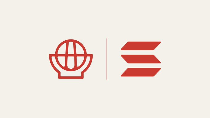 The image displays a red logo featuring a globe-like icon on the left and three stacked horizontal bars resembling the Solana logo on the right, separated by a vertical line. This represents Solana's integration into the agent economy stack, providing the dispute resolution layer for AI transactions alongside the existing identity, permissions, and payment infrastructure.