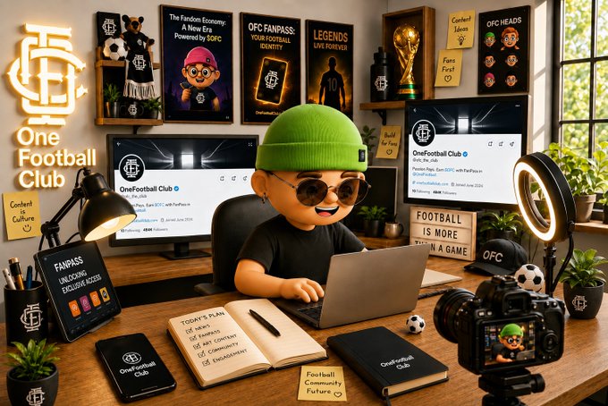 An AI-generated image of a cartoon character wearing a green beanie and sunglasses working at a laptop in a content creator studio decorated with OneFootball Club (OFC) branding, posters, and a camera.