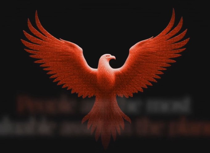 A stylized red bird emblem with spread wings appears over a dark background with blurred text below.